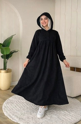 Ribbed Synthetic Velvet Modest Hoodie Dress – Empire Cut