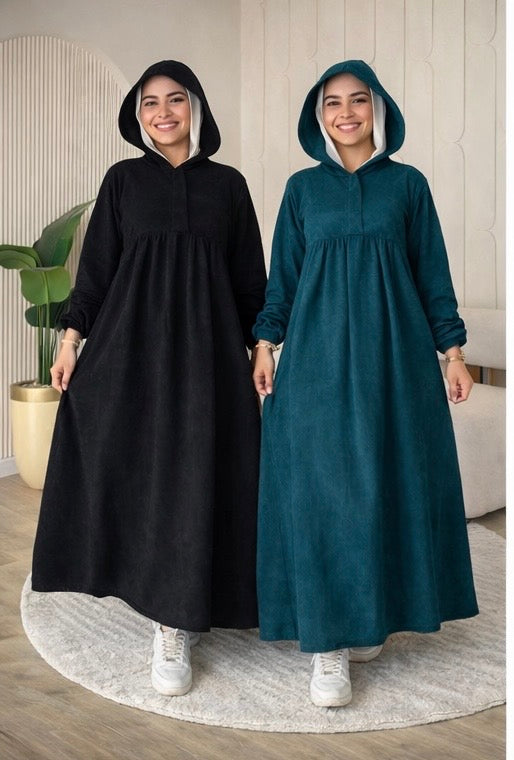 Ribbed Synthetic Velvet Modest Hoodie Dress – Empire Cut