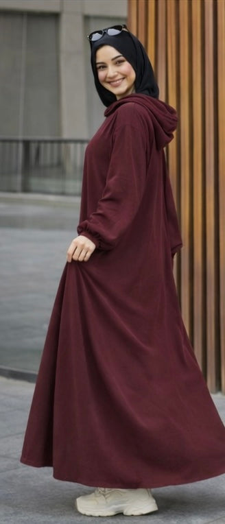 Ribbed Synthetic Velvet Modest Hoodie Dress Heba Boutique