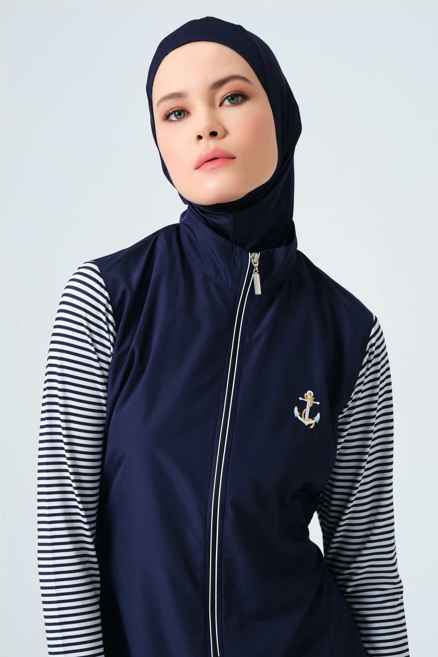 Navy Blue Modest Swimwear Set with White Stripes – Parachute Jacket & Diving Pants with Hijab and Bra