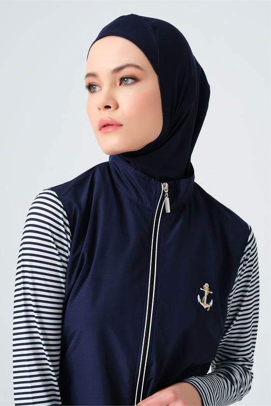 Navy Blue Modest Swimwear Set with White Stripes – Parachute Jacket & Diving Pants with Hijab and Bra