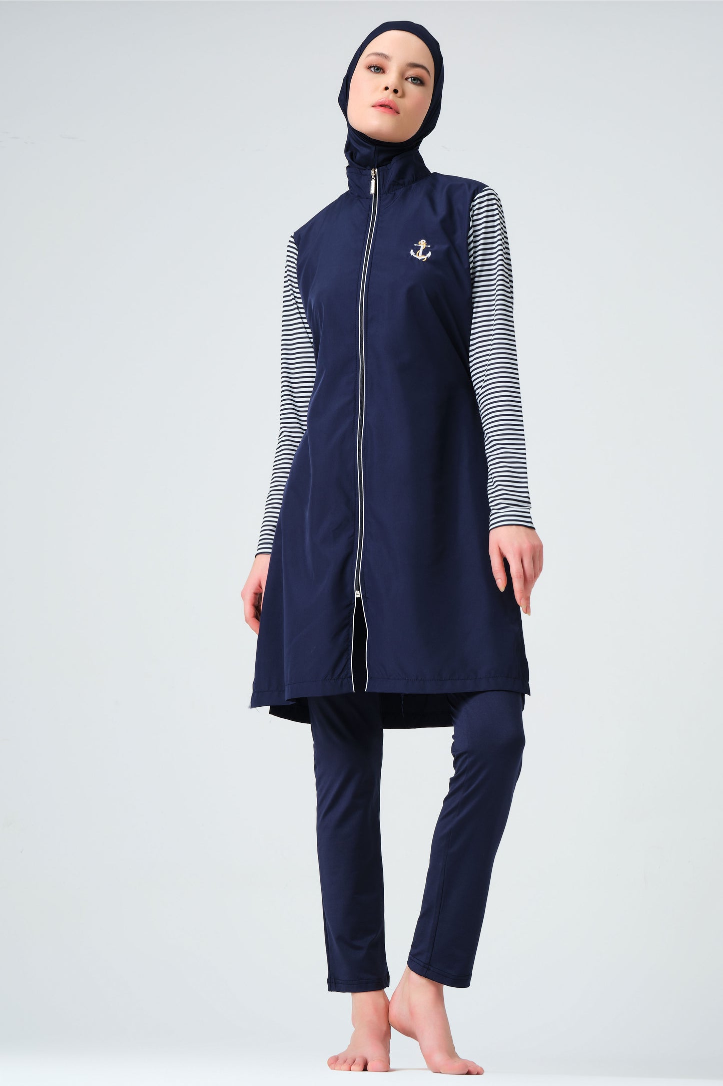 Navy Blue Modest Swimwear Set with White Stripes – Parachute Jacket & Diving Pants with Hijab and Bra