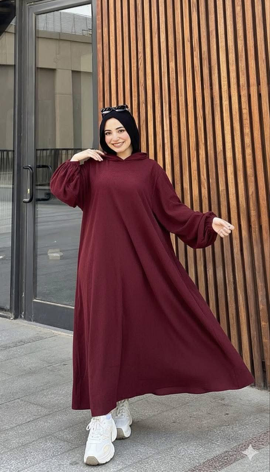 Ribbed Synthetic Velvet Modest Hoodie Dress