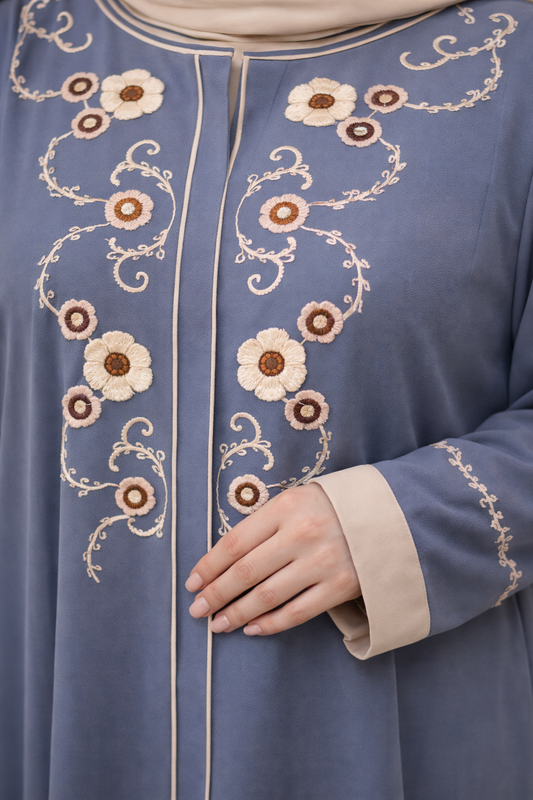 Dusty Blue Embroidered Abaya – Elegant Modest Outfit Heba Boutique