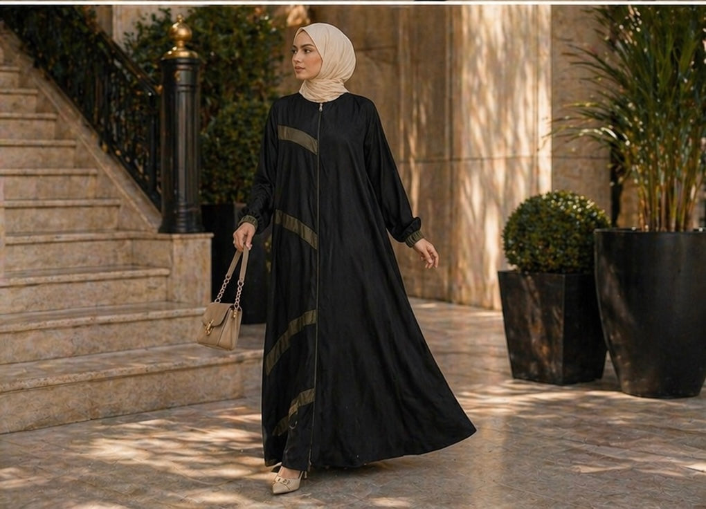 Elegant Black Abaya with Olive Green Stripes Heba Boutique