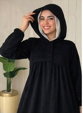 Ribbed Synthetic Velvet Modest Hoodie Dress – Empire Cut