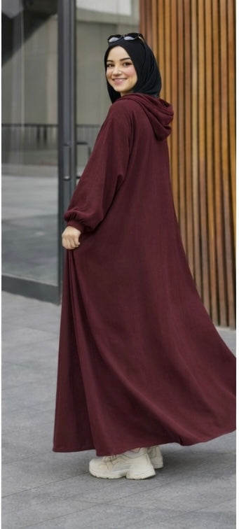 Ribbed Synthetic Velvet Modest Hoodie Dress Heba Boutique
