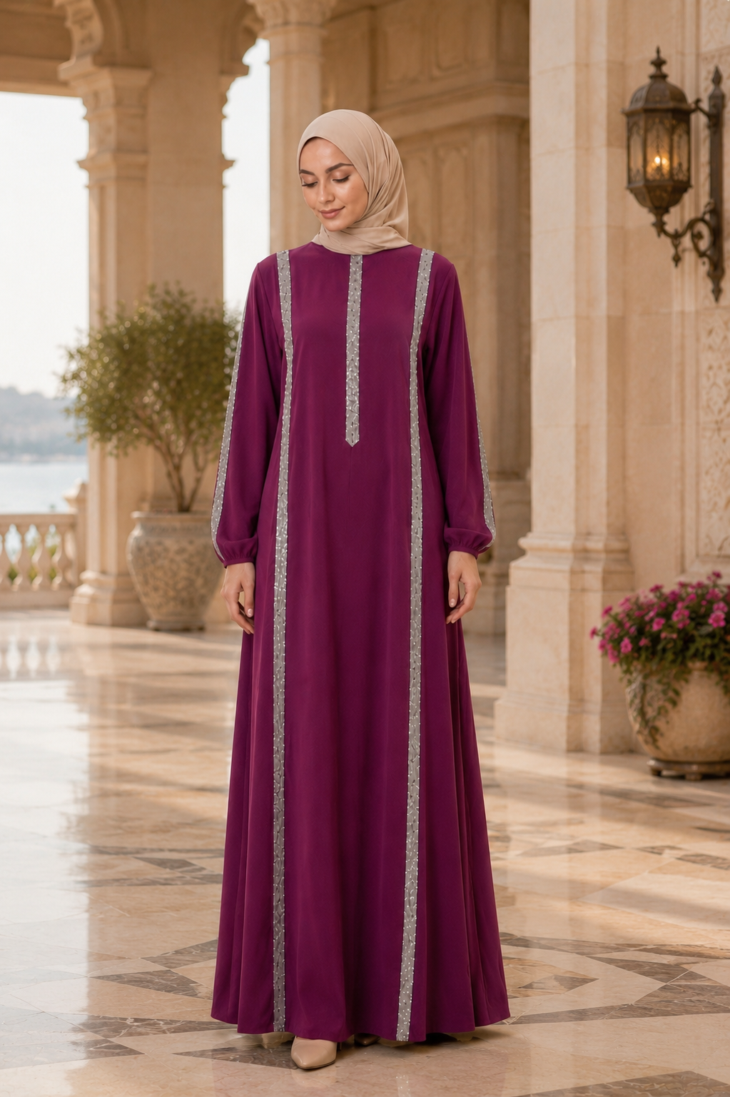Elegant Modest Abaya with Shimmering Trim Heba Boutique