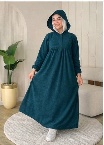 Ribbed Synthetic Velvet Modest Hoodie Dress – Empire Cut