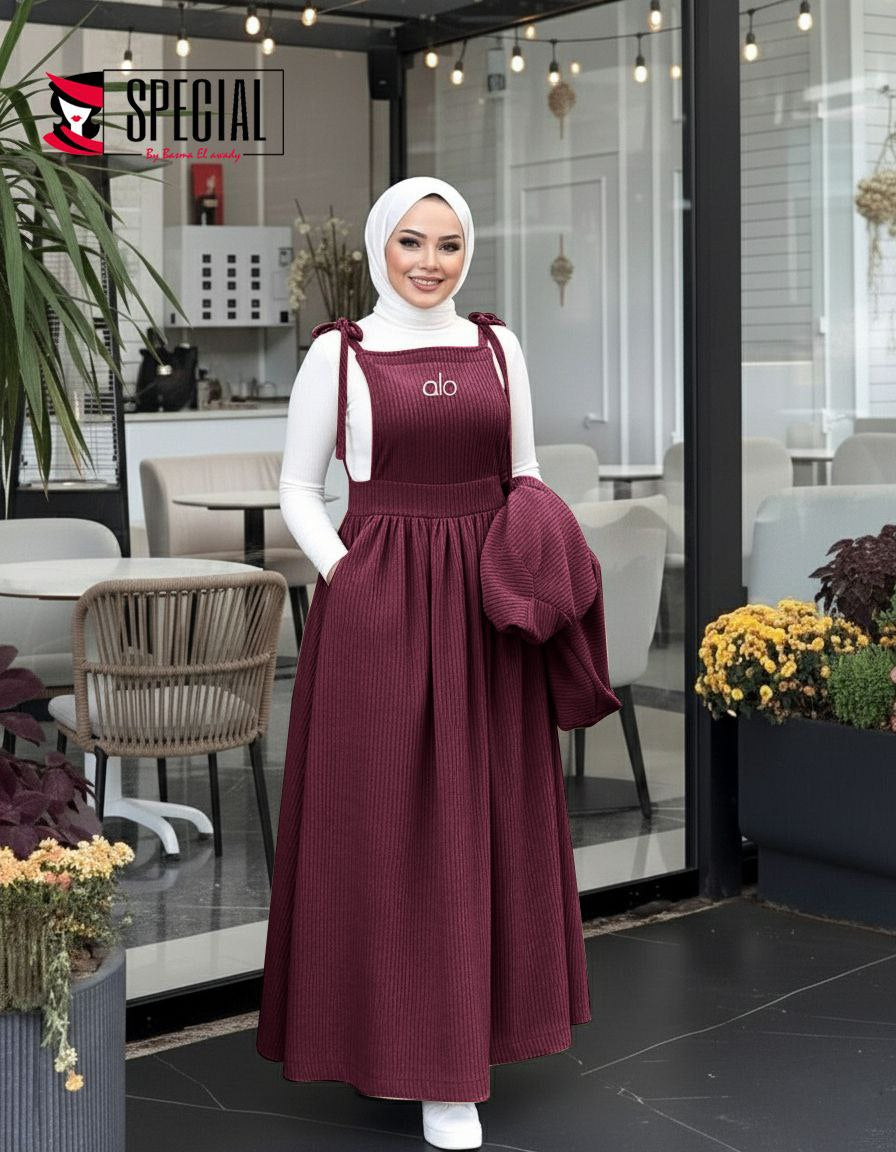 Ribbed Synthetic Velvet Two-Piece Modest Dress Set