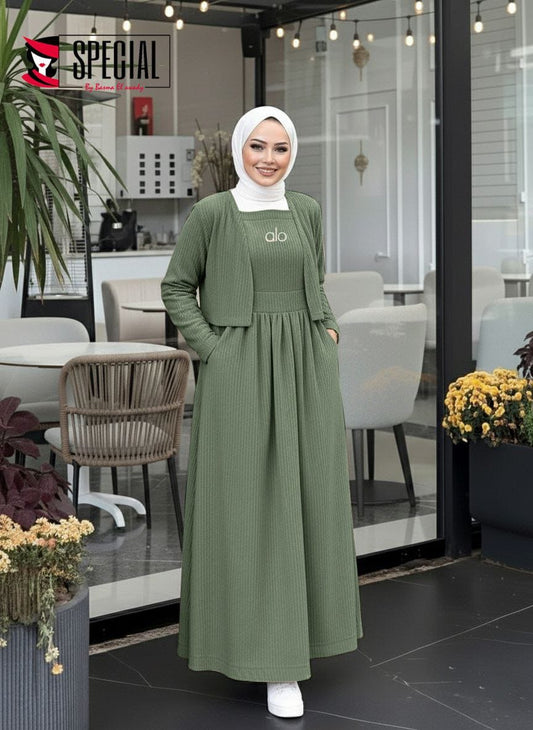 Ribbed Synthetic Velvet Two-Piece Modest Dress Set
