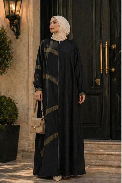 Elegant Black Abaya with Olive Green Stripes Heba Boutique