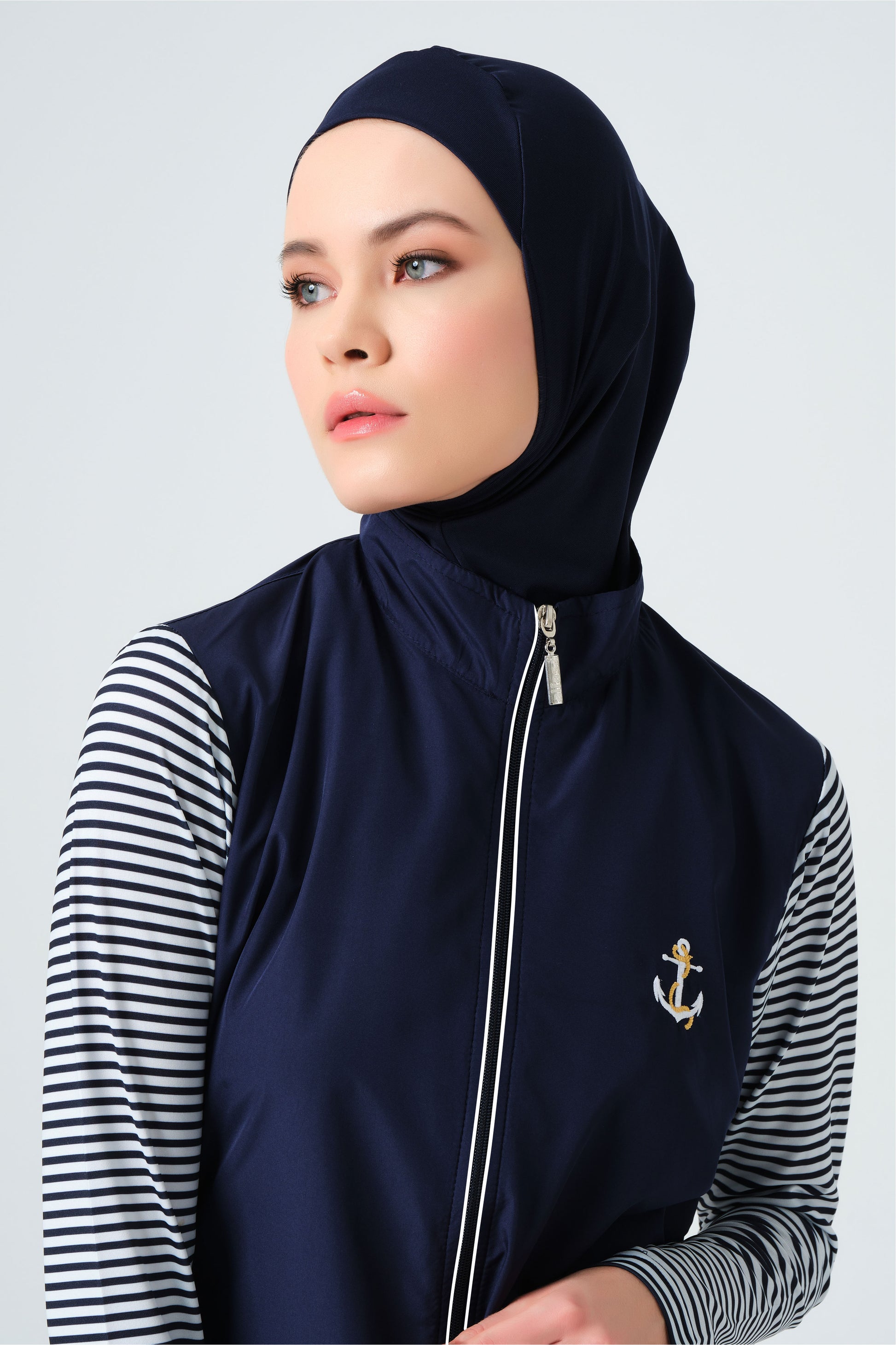 Navy Blue Modest Swimwear Set with White Stripes – Parachute Jacket & Diving Pants with Hijab and Bra Heba Boutique