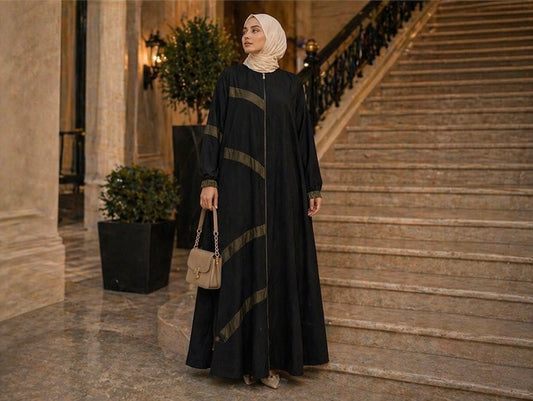 Elegant Black Abaya with Olive Green Stripes Heba Boutique