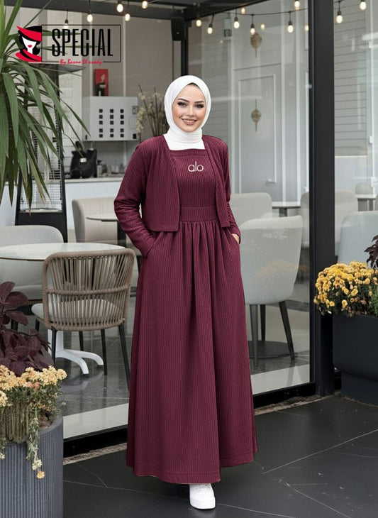 Ribbed Synthetic Velvet Two-Piece Modest Dress Set