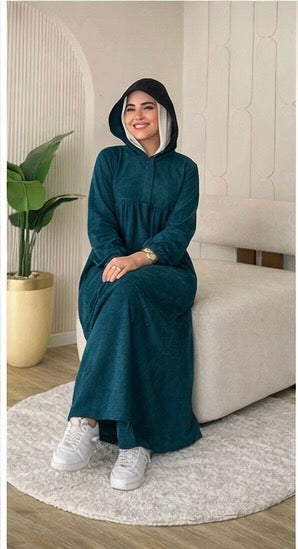 Ribbed Synthetic Velvet Modest Hoodie Dress – Empire Cut