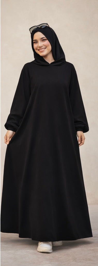 Ribbed Synthetic Velvet Modest Hoodie Dress Heba Boutique