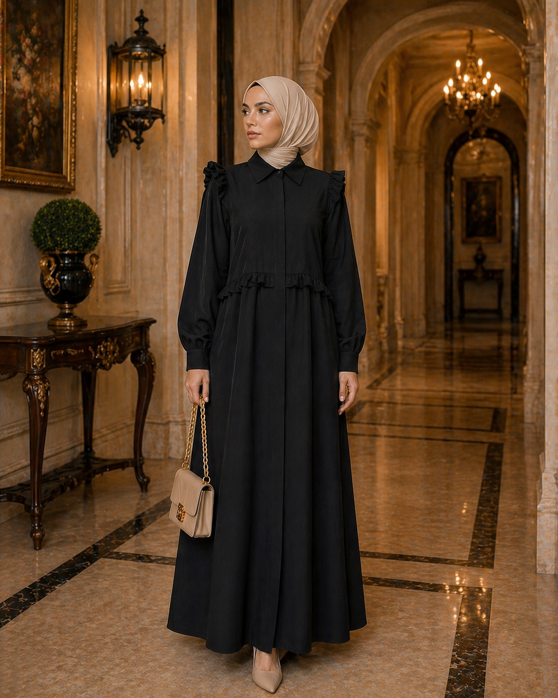 Elegant Modest Maxi Dress – Black | Long Sleeve Crepe Heba Boutique