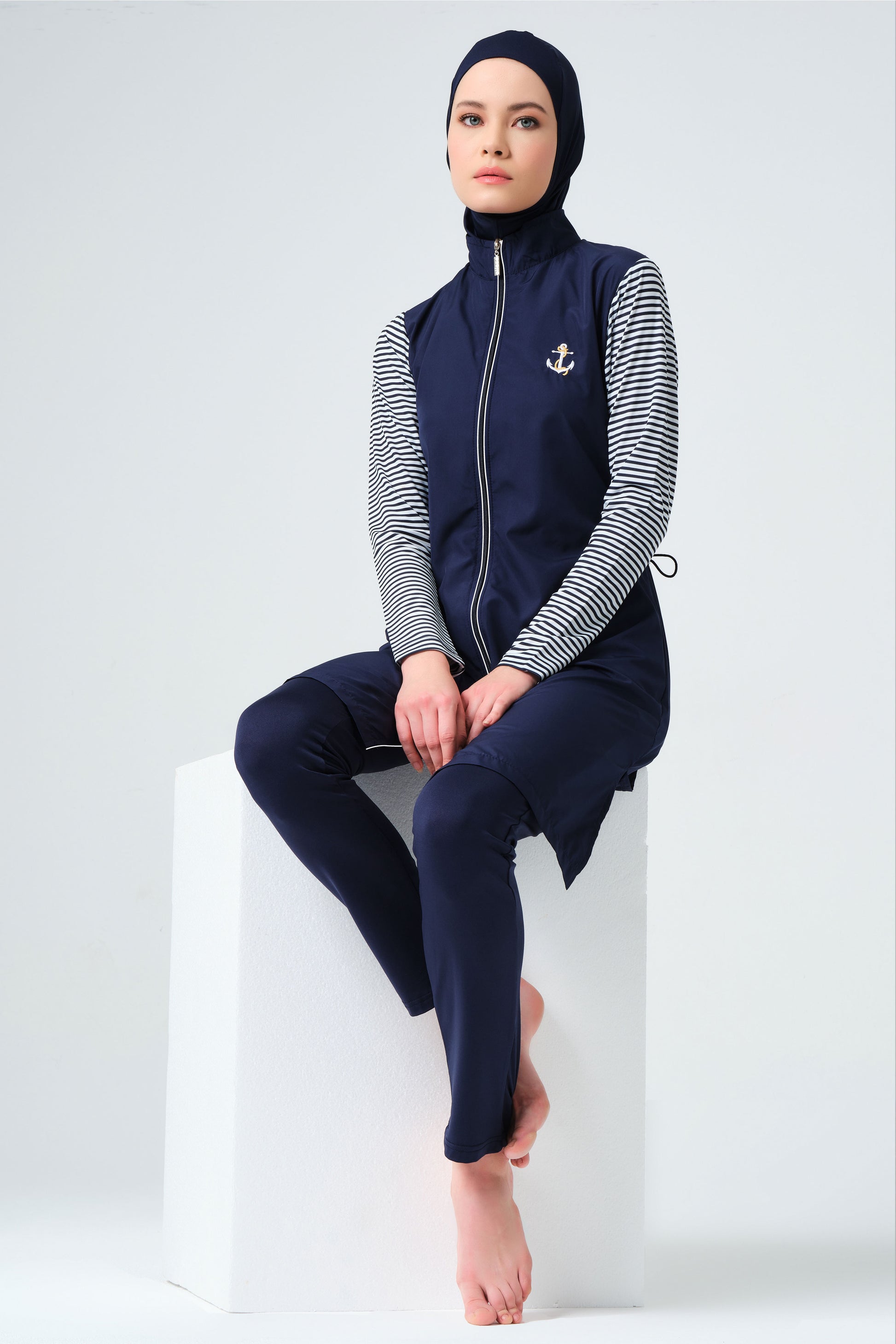 Navy Blue Modest Swimwear Set with White Stripes – Parachute Jacket & Diving Pants with Hijab and Bra Heba Boutique