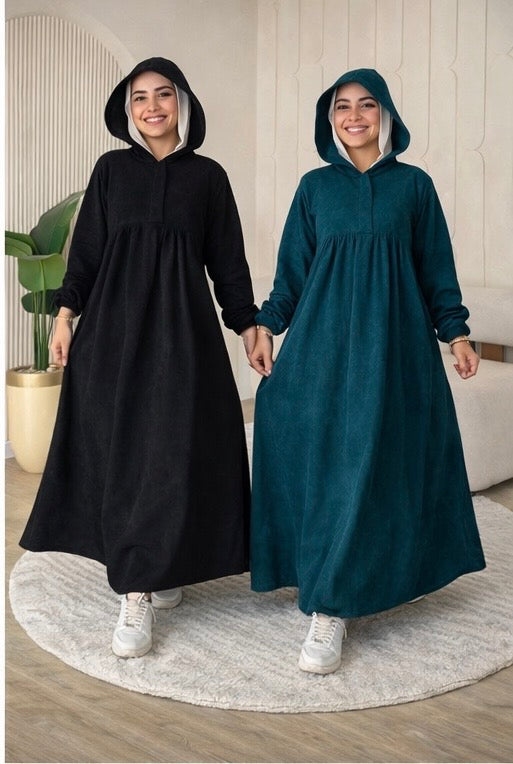 Ribbed Synthetic Velvet Modest Hoodie Dress – Empire Cut