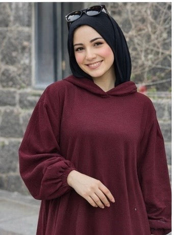 Ribbed Synthetic Velvet Modest Hoodie Dress Heba Boutique