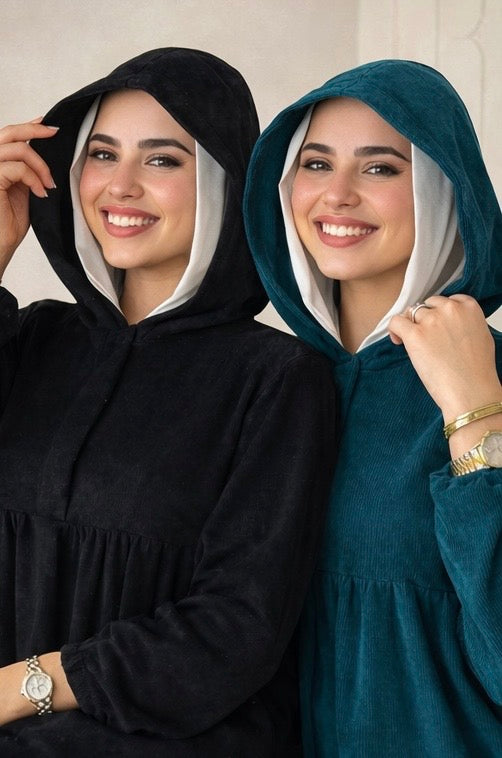 Ribbed Synthetic Velvet Modest Hoodie Dress – Empire Cut