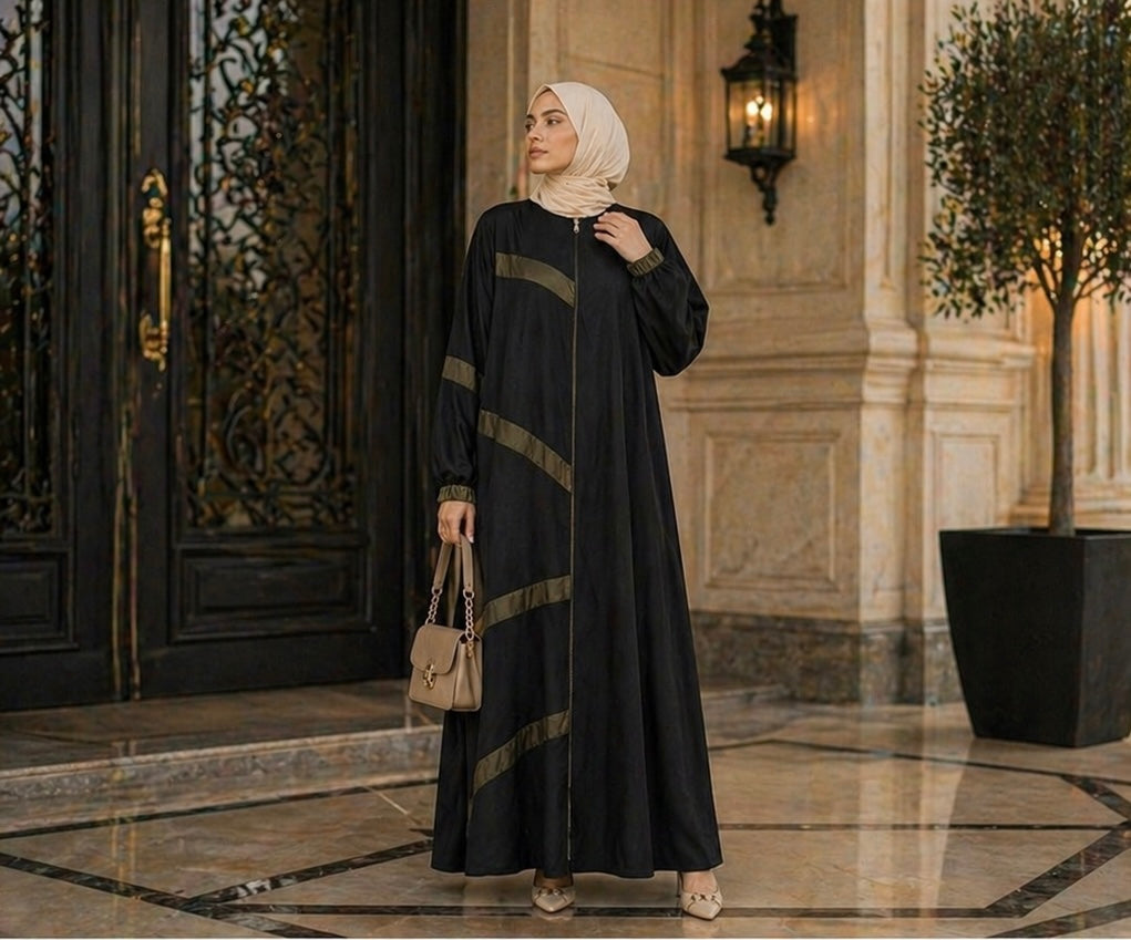 Elegant Black Abaya with Olive Green Stripes Heba Boutique