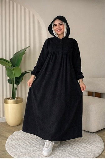 Ribbed Synthetic Velvet Modest Hoodie Dress – Empire Cut