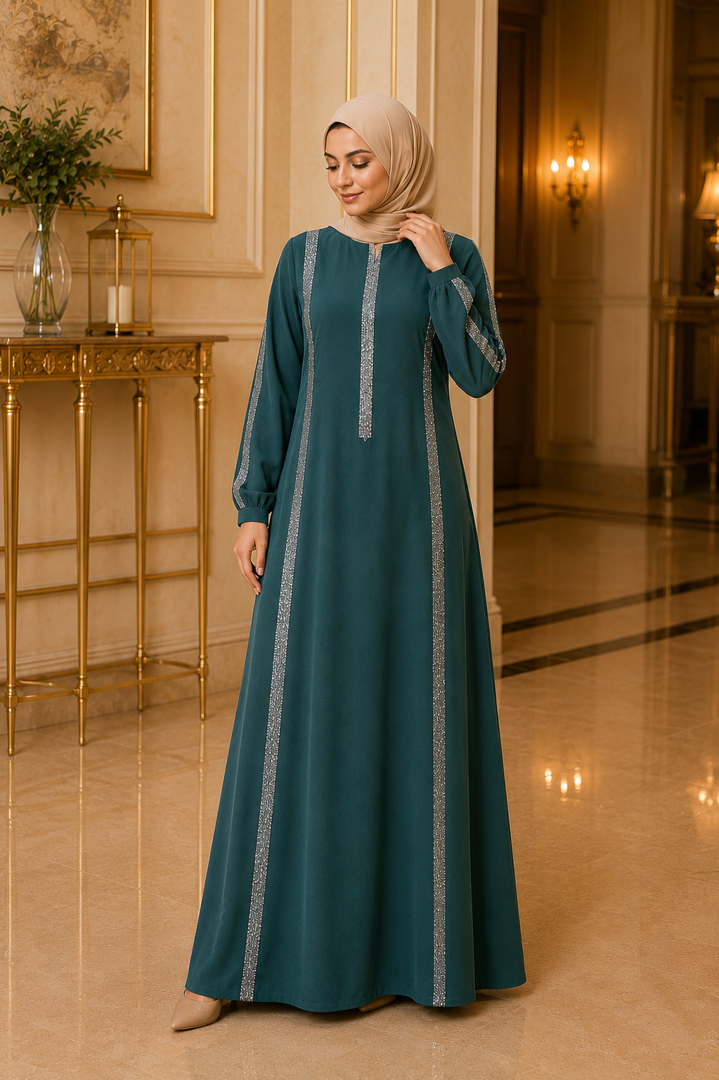 Elegant Modest Abaya with Shimmering Trim Heba Boutique