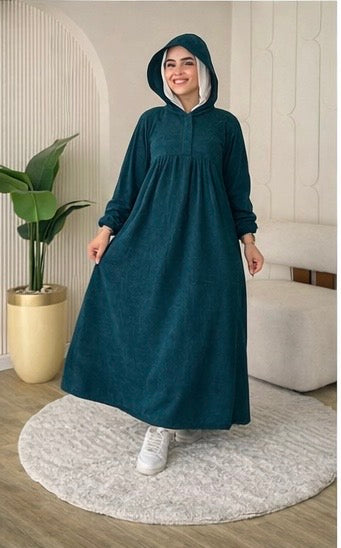 Ribbed Synthetic Velvet Modest Hoodie Dress – Empire Cut