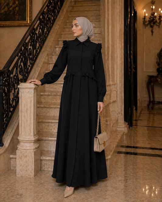 Elegant Modest Maxi Dress – Black | Long Sleeve Crepe Heba Boutique