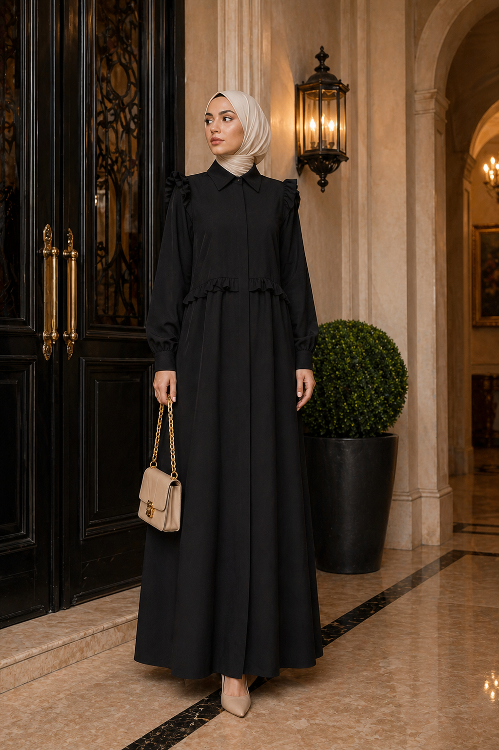 Elegant Modest Maxi Dress – Black | Long Sleeve Crepe Heba Boutique