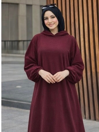 Ribbed Synthetic Velvet Modest Hoodie Dress Heba Boutique