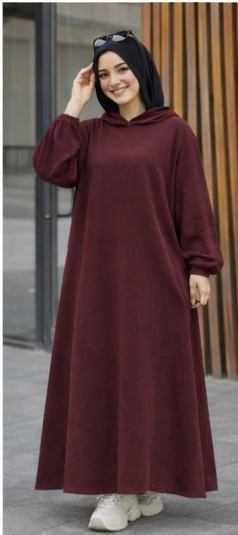 Ribbed Synthetic Velvet Modest Hoodie Dress Heba Boutique