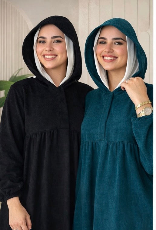 Ribbed Synthetic Velvet Modest Hoodie Dress – Empire Cut