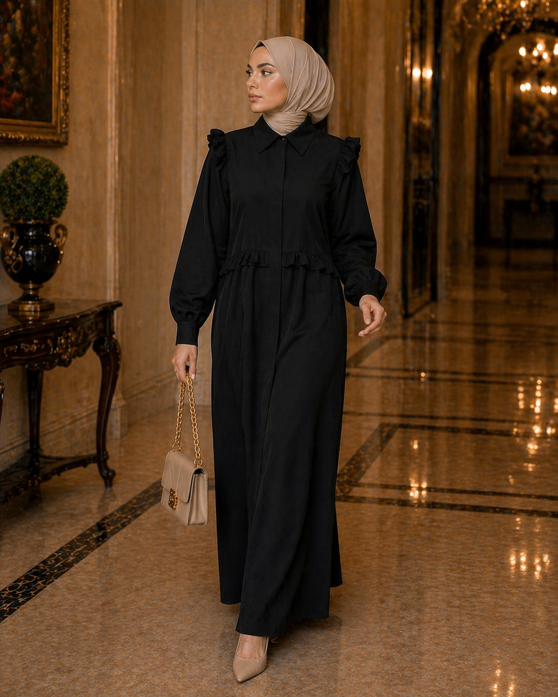 Elegant Modest Maxi Dress – Black | Long Sleeve Crepe Heba Boutique
