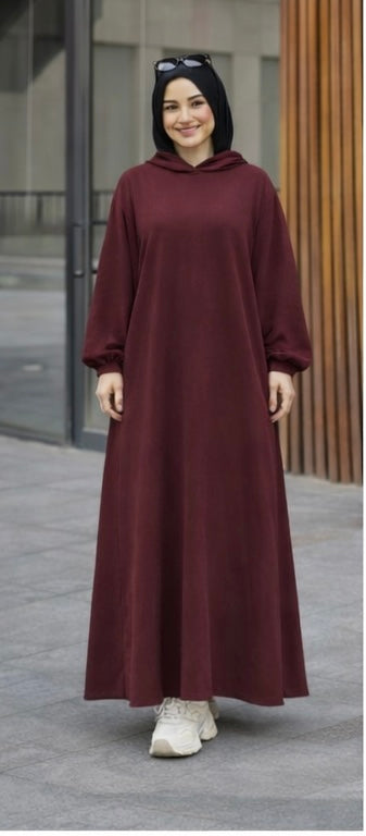 Ribbed Synthetic Velvet Modest Hoodie Dress Heba Boutique