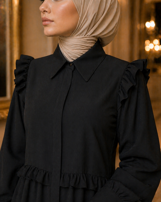 Elegant Modest Maxi Dress – Black | Long Sleeve Crepe Heba Boutique