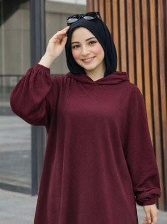 Ribbed Synthetic Velvet Modest Hoodie Dress Heba Boutique