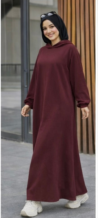 Ribbed Synthetic Velvet Modest Hoodie Dress Heba Boutique