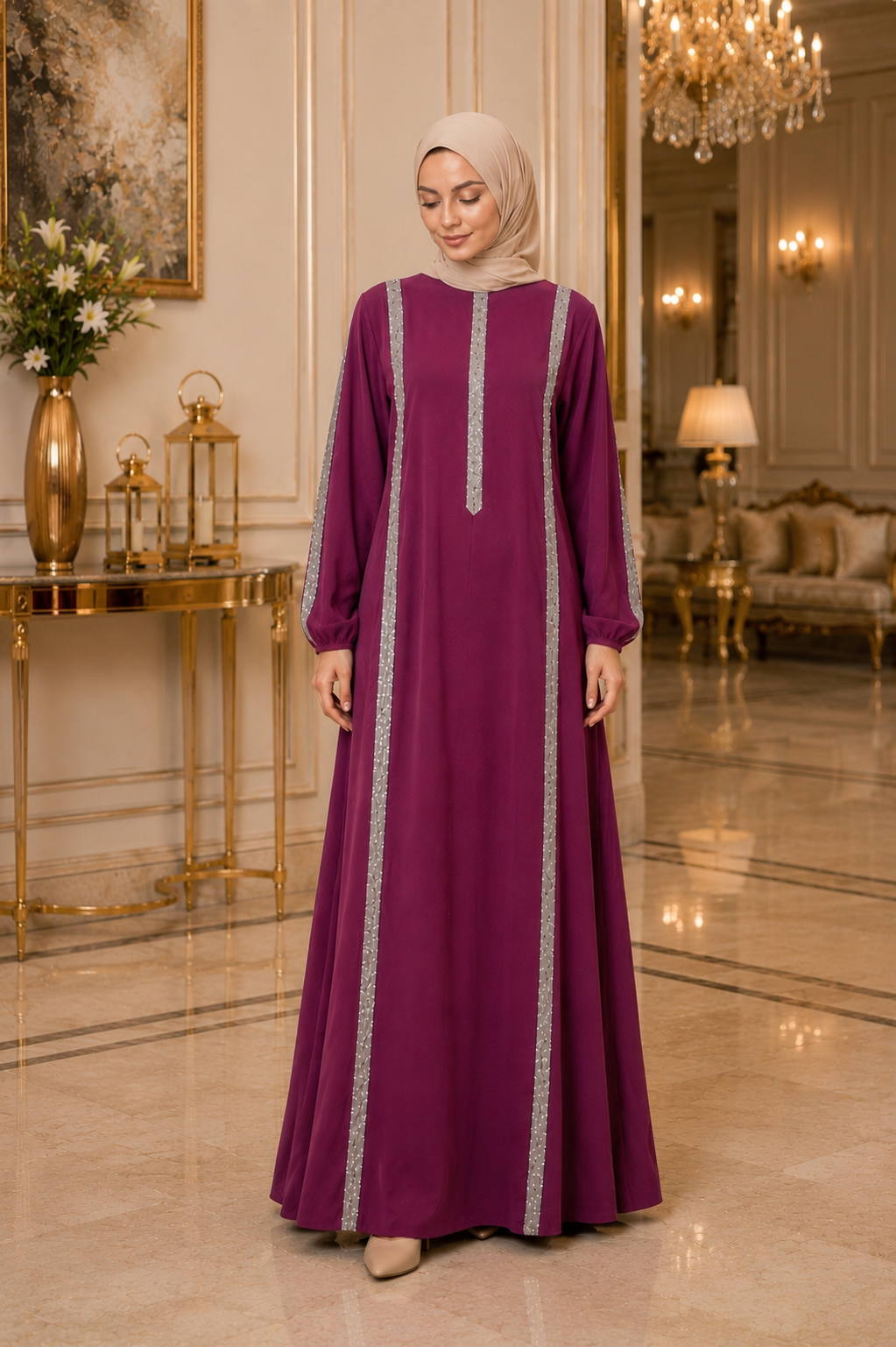 Elegant Modest Abaya with Shimmering Trim Heba Boutique