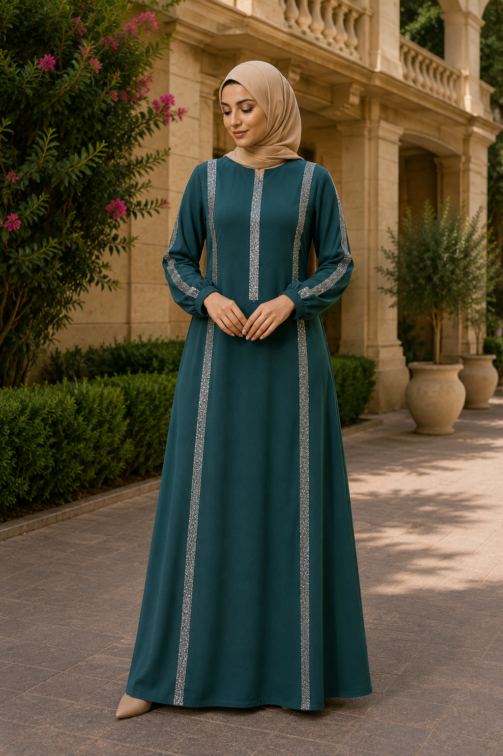 Elegant Modest Abaya with Shimmering Trim Heba Boutique