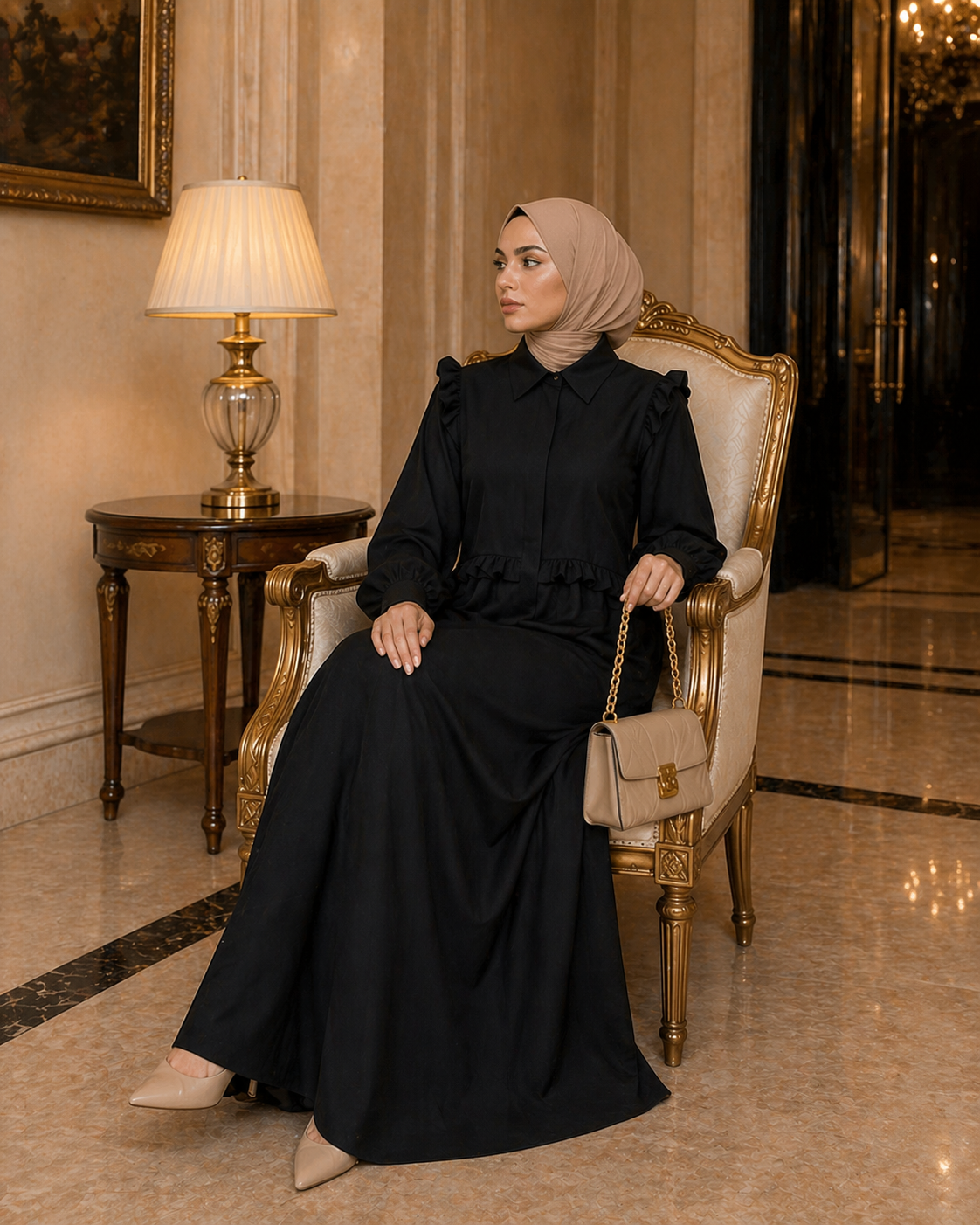 Elegant Modest Maxi Dress – Black | Long Sleeve Crepe Heba Boutique
