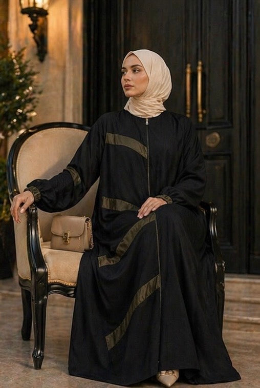 Elegant Black Abaya with Olive Green Stripes Heba Boutique