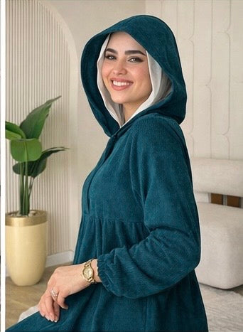 Ribbed Synthetic Velvet Modest Hoodie Dress – Empire Cut
