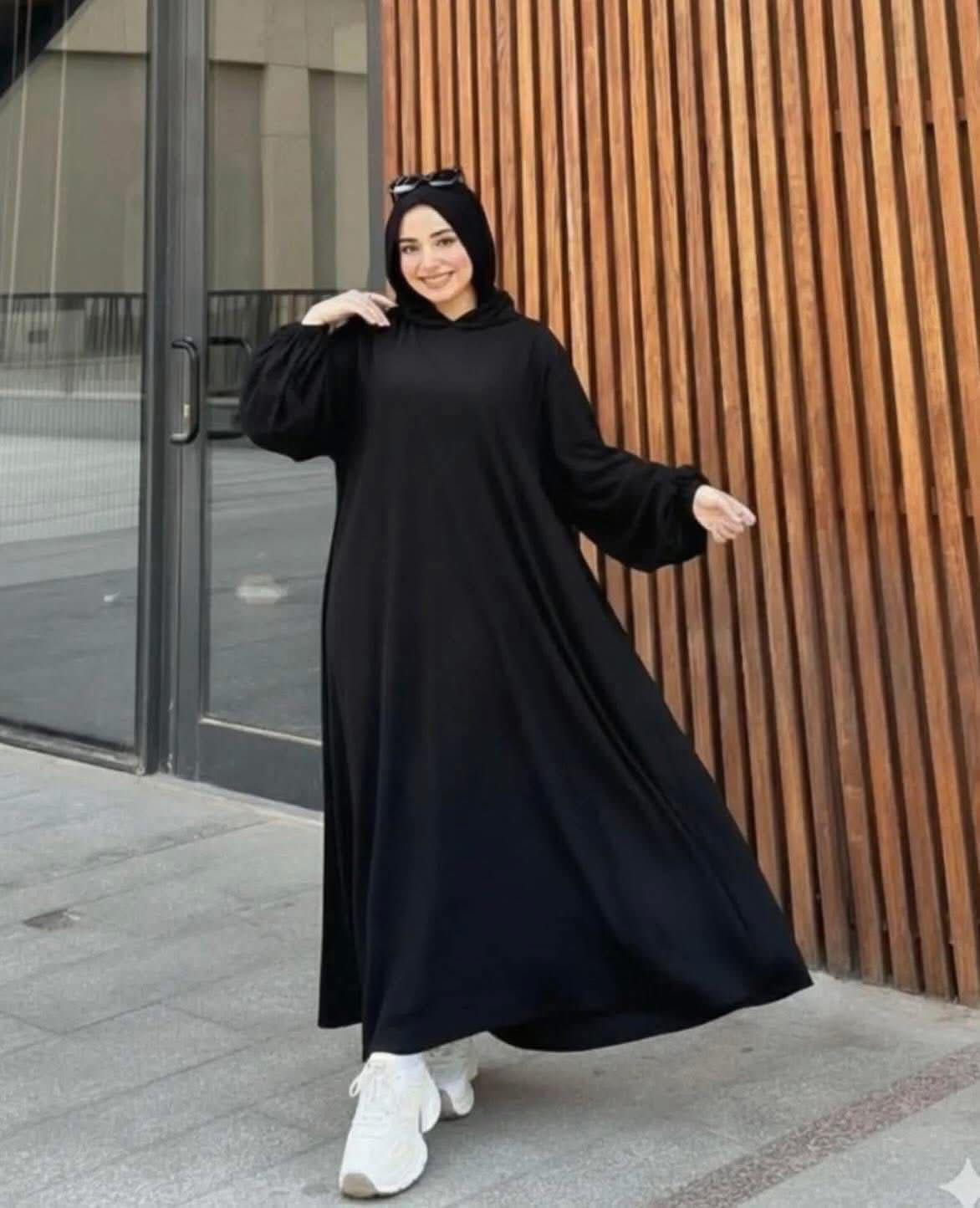 Ribbed Synthetic Velvet Modest Hoodie Dress Heba Boutique