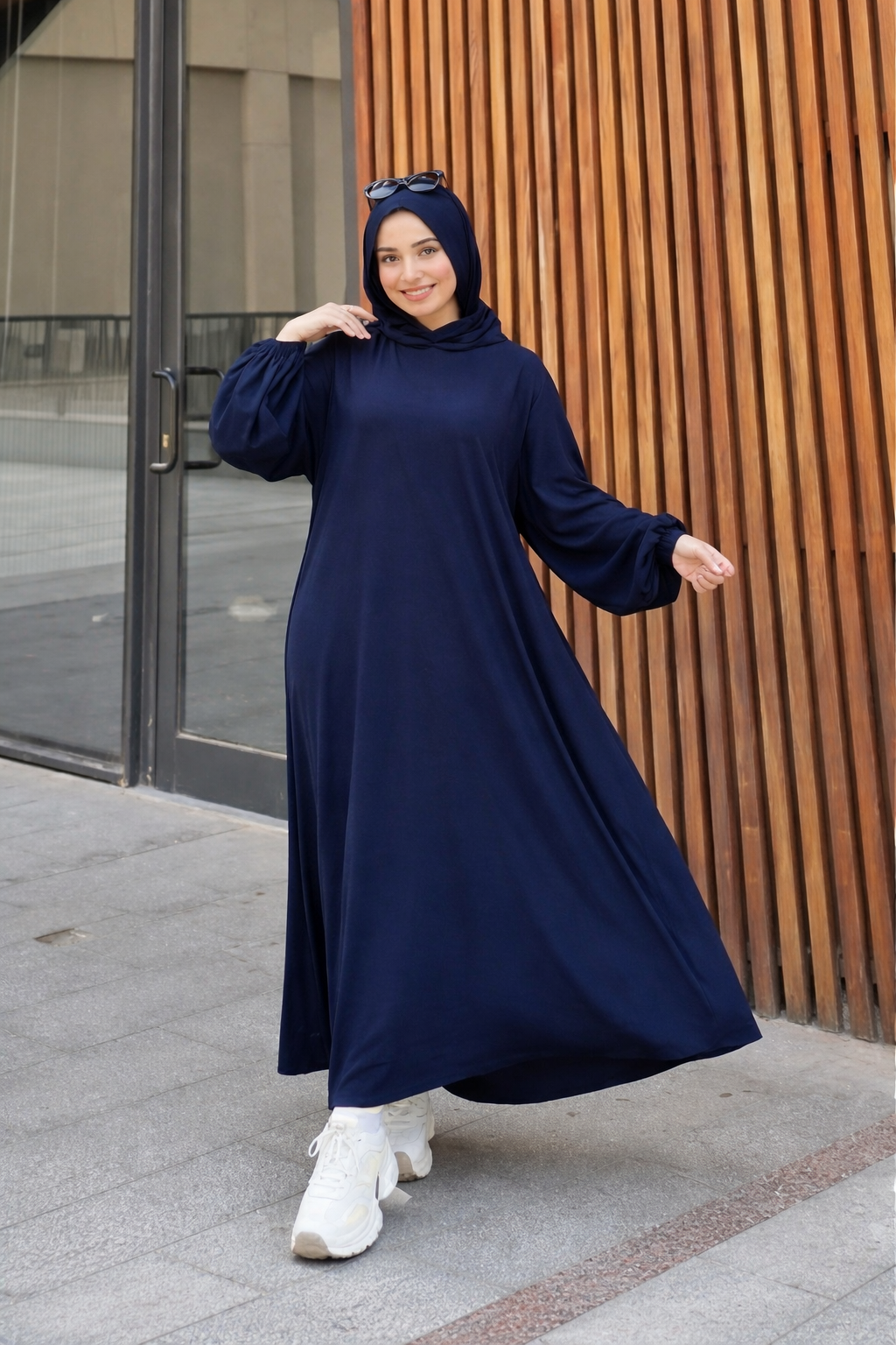 Ribbed Synthetic Velvet Modest Hoodie Dress Heba Boutique