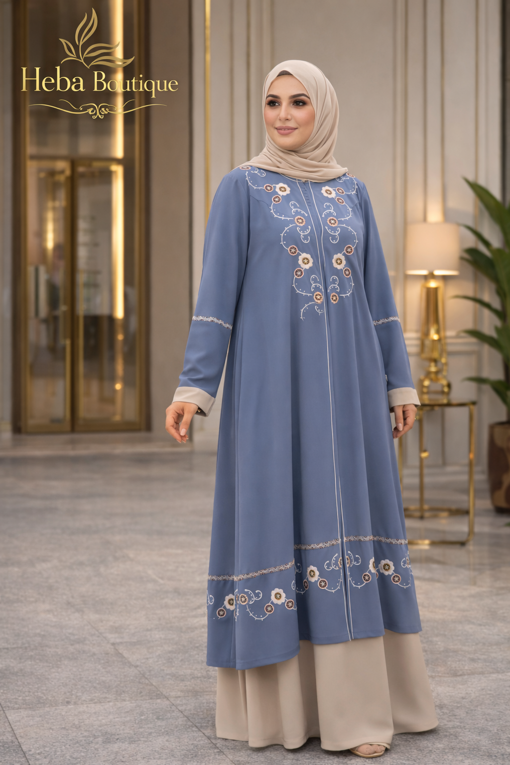 Dusty Blue Embroidered Abaya – Elegant Modest Outfit Heba Boutique
