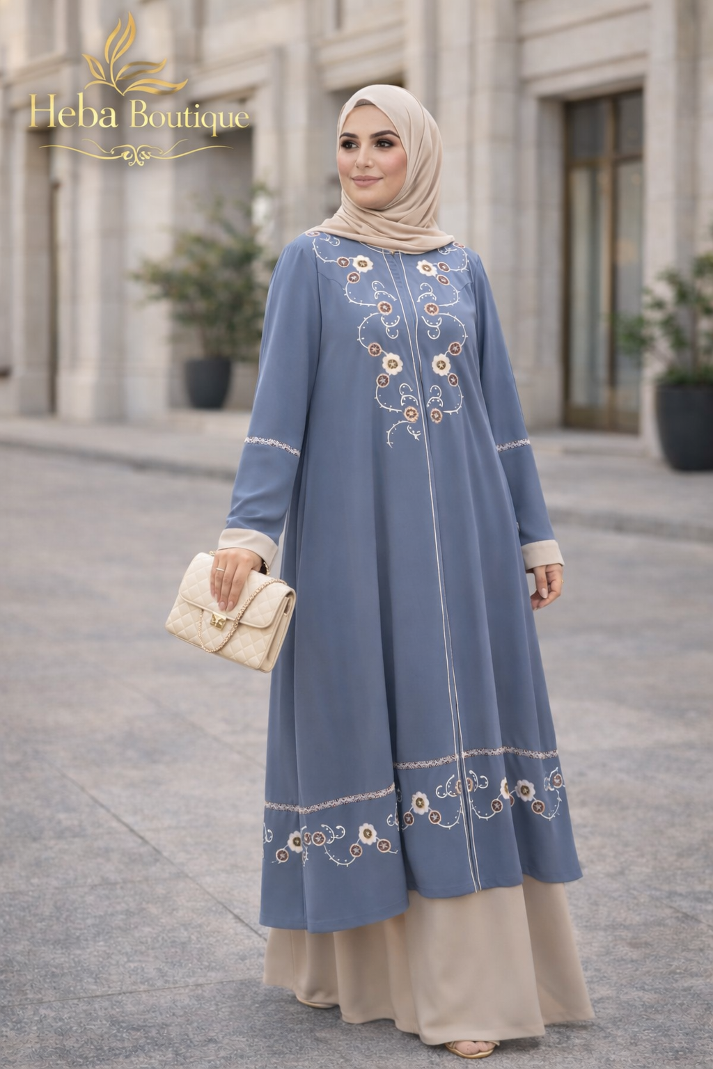 Dusty Blue Embroidered Abaya – Elegant Modest Outfit Heba Boutique