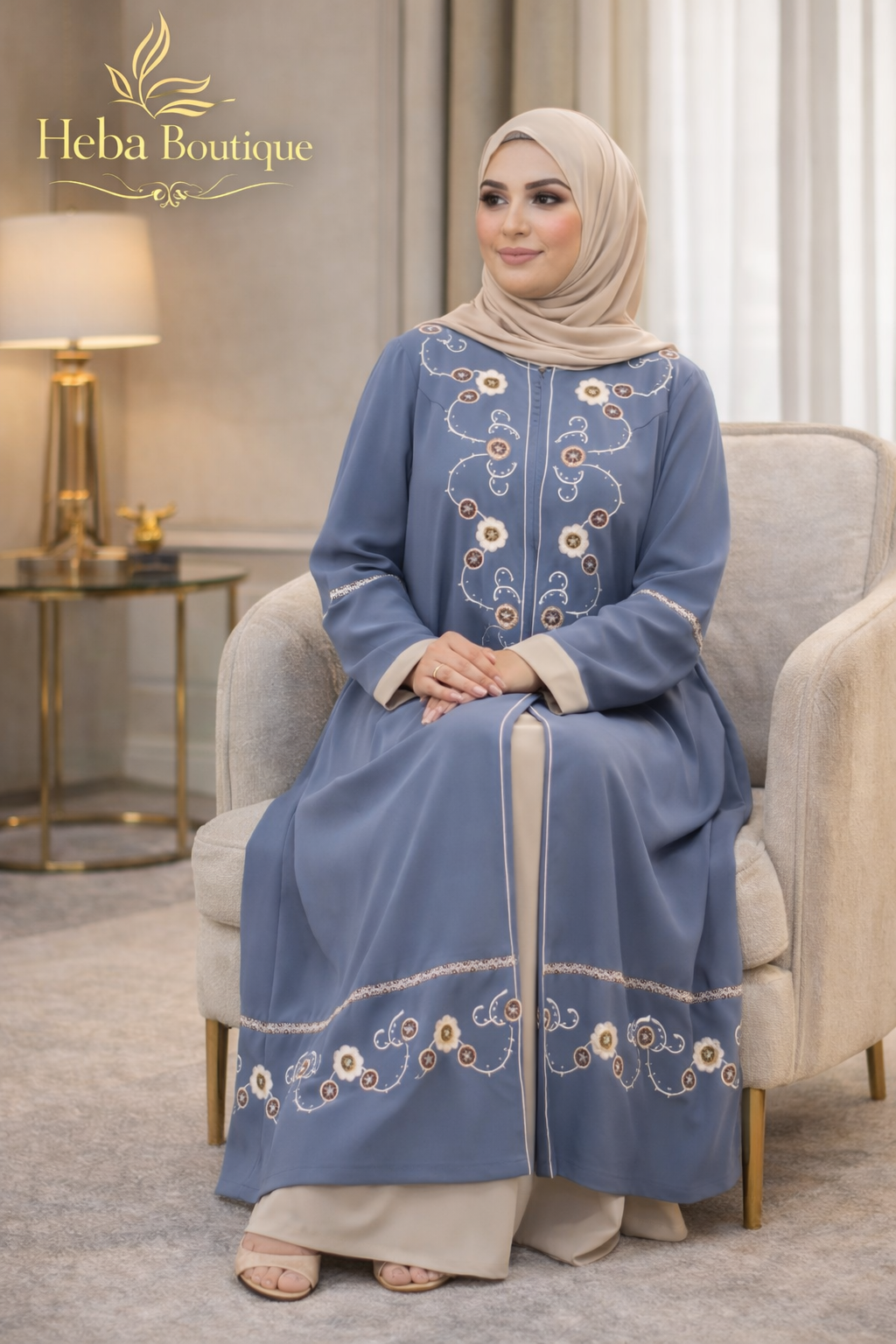 Dusty Blue Embroidered Abaya – Elegant Modest Outfit Heba Boutique